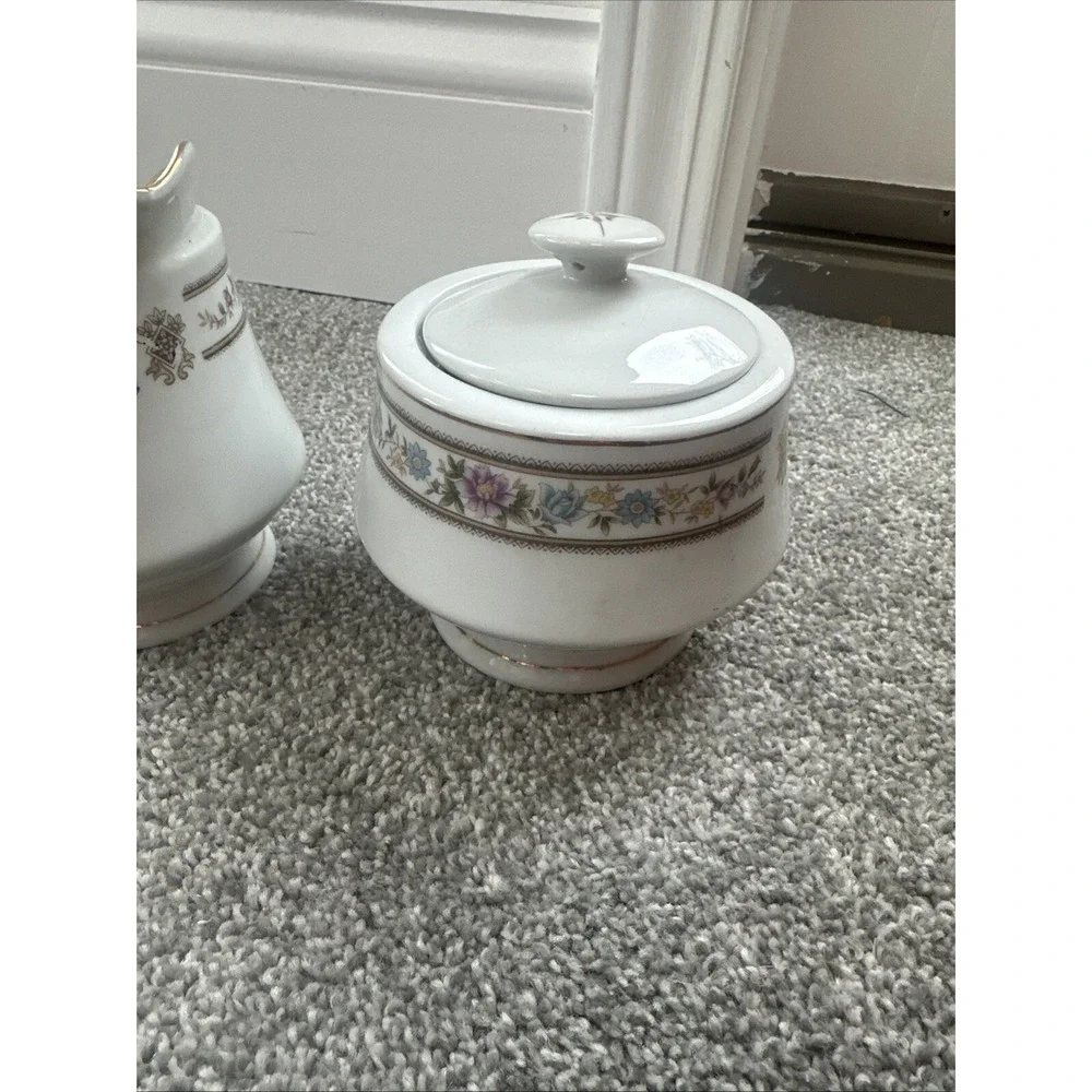 Regent China #CX183 Blue Pink Yellow Flower Sugar And Creamer Set Gold Trim